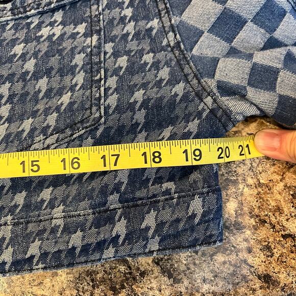 Uptown Blue Denim Cropped Jean Jacket Mixed Checkered Print Small - Picture 6 of 10